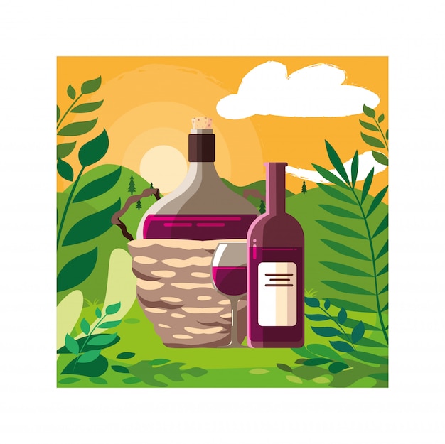 Botella de vino en cesta de mimbre en paisaje de fondo