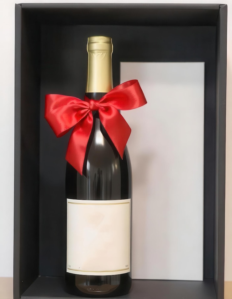 Vector una botella de vino con una cinta roja atada alrededor de la parte superior