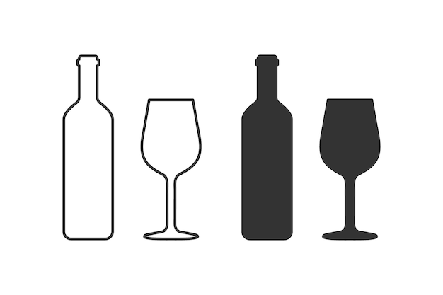 Vector botella de vino, copa de vino, silueta, icono, vector, ilustración, diseño