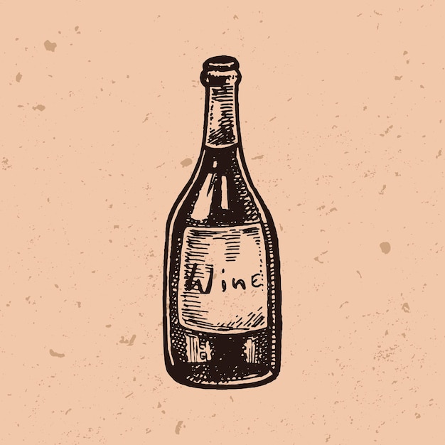 Botella de vino dibujada a mano en estilo de grabado bosquejo de tinta de bebida alcohólica ilustración vectorial