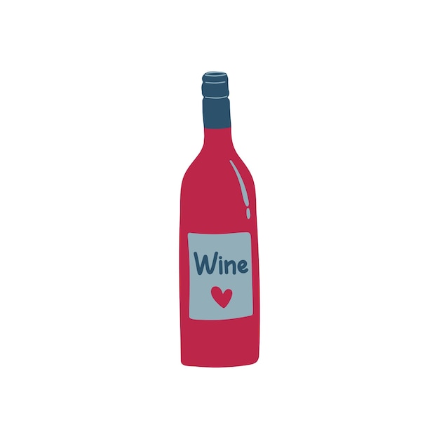 Botella de vino dibujada a mano. letras de vino y corazón en la etiqueta. icono del concepto del día de san valentín.