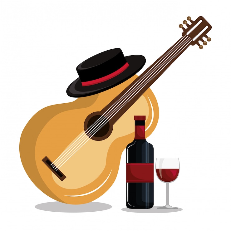 Vector botella de vino con diseño de icono aislado de guitarra
