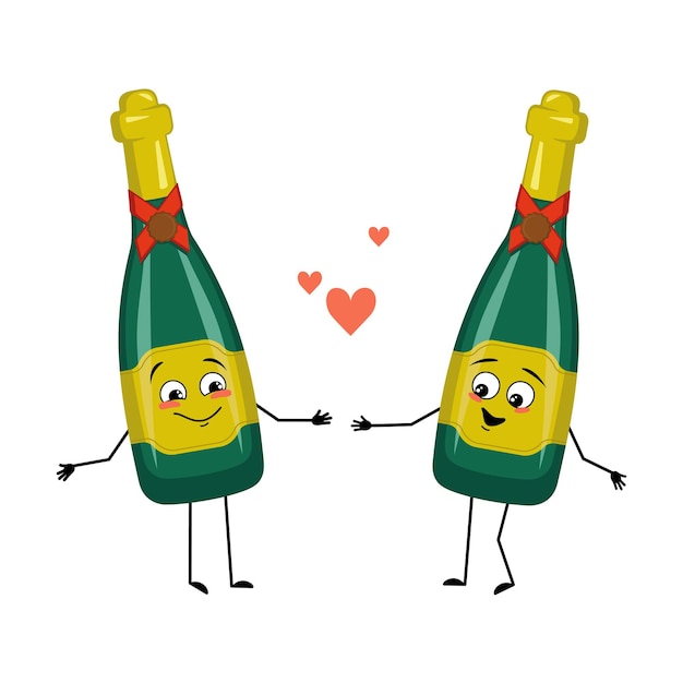 Botella de vino espumoso con emociones de amor, cara sonriente, brazos y piernas. Hombre alcohólico con expresión facial alegre, recipiente de vidrio para fiestas y fiestas. Ilustración plana vectorial