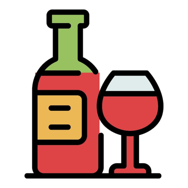 Vector una botella de vino con un icono de vidrio esbozo de una botella de viño con un ícono vectorial de vidrio color plano aislado