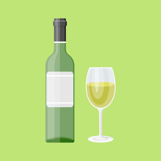 Botella de vino con icono de vidrio en estilo plano Ilustración de vector de bebida de alcohol sobre fondo aislado Concepto de negocio de signo de bebida de champán