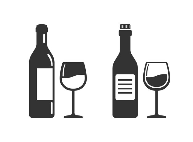 Botella de vino con icono de vidrio en estilo plano Ilustración vectorial de bebidas alcohólicas en un fondo aislado Concepto de negocio de señales de bebidas de champán