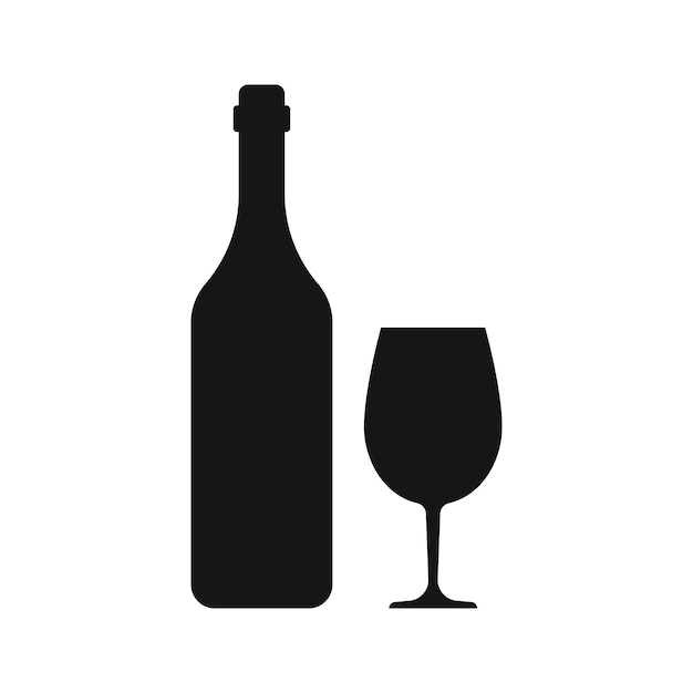 Botella de vino con icono de vidrio en estilo plano Ilustración vectorial de bebidas alcohólicas en un fondo aislado Concepto de negocio de señales de bebidas de champán
