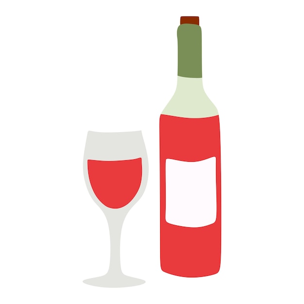 Botella de vino plana y vaso de bebida aislados sobre fondo blanco Ilustración vectorial de dibujos animados de vino de uva roja Objeto gráfico para diseño de tarjetas Menú de restaurante cartel Bebida alcohólica Vinería Merlot
