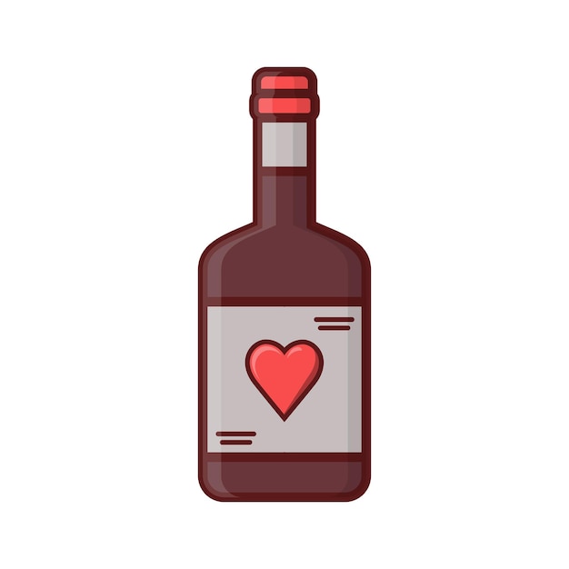 Botella de vino de san valentín aislado con icono de corazón sobre fondo blanco.