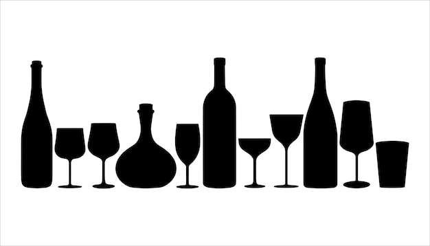 Botella de vino y silueta de vidrio Conjunto vectorial de bebidas alcohólicas Iconos en fondo blanco