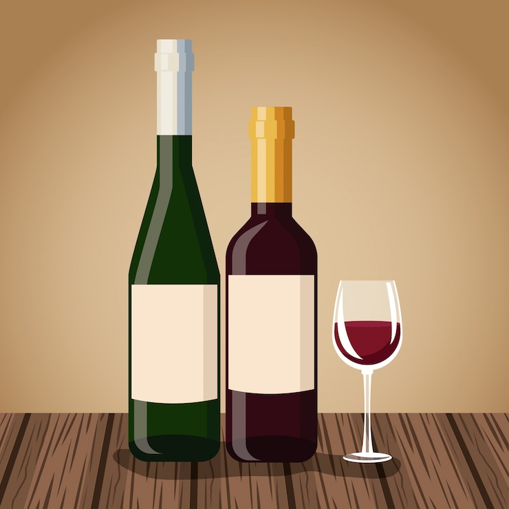 Vector botella de vino y taza en la mesa de madera