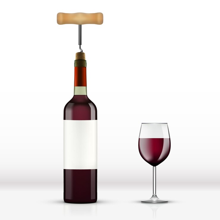 Vector botella de vino tinto abierta realista con copa de vino aislada en blanco