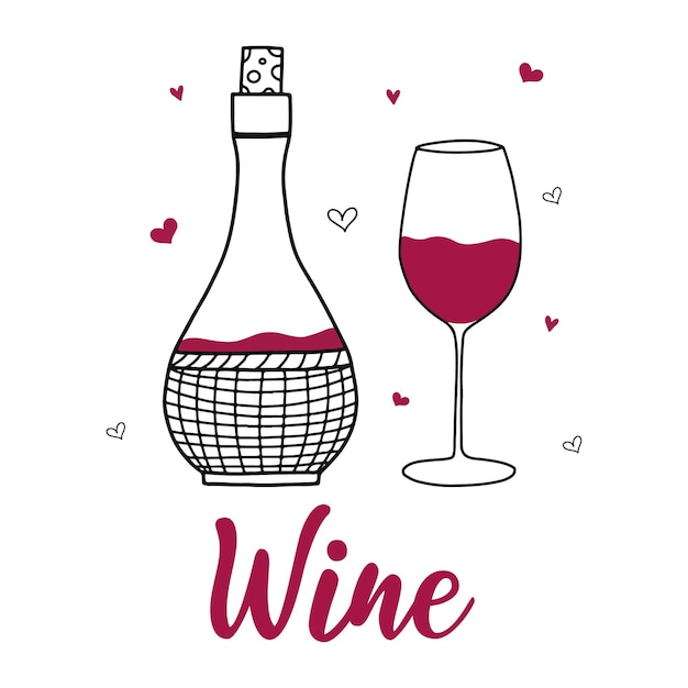 Una botella de vino tinto casero y una copa de vino tinto Postal con vino Letras Ilustración vectorial en estilo garabato Vino en una cesta de mimbre Ilustración vectorial