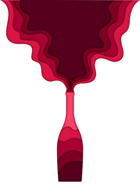 Botella de vino tinto cortada en papel con ondas 3D fluidas