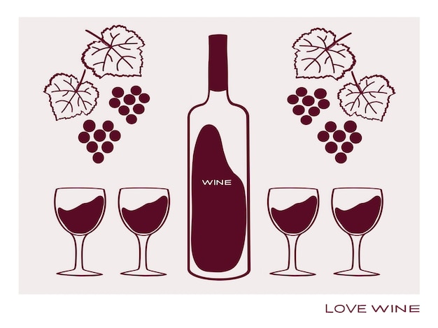 Una botella de vino tinto fuerte acompañada de vasos y uvas dispuestas sobre un fondo claro