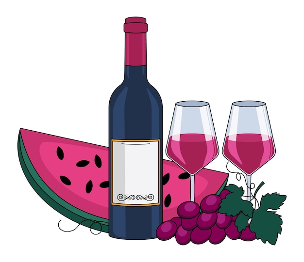 Vector botella de vino tinto en vasos de sandía y uvas con un contorno gráfico vectorial