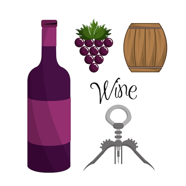 Vector botella de vino, uva, barril y sacar el corcho