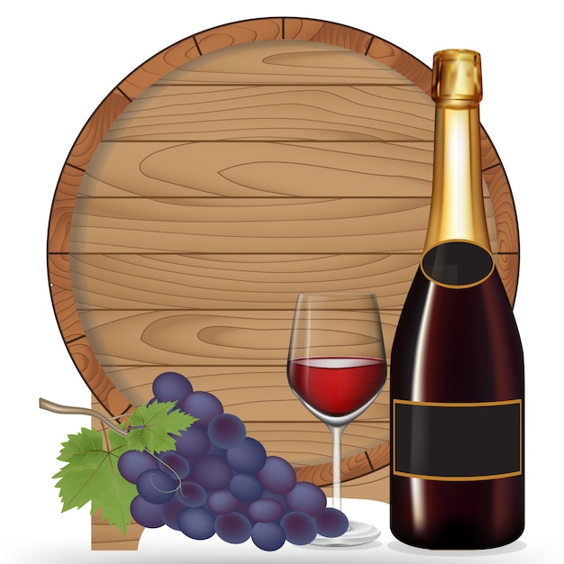 Botella de vino, uva, vino de cristal y barril de madera aislado en blackground blanco, ilustración vectorial