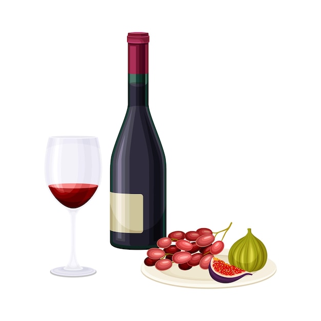 Botella de vino y vaso con bebida alcohólica servida con higos y uvas en un plato Ilustración vectorial