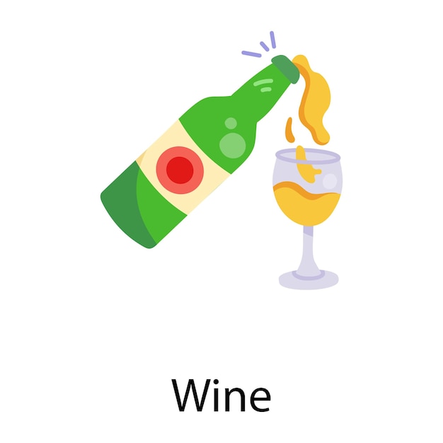 Botella de vino con un vaso, icono plano