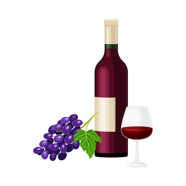 Botella de vino con vaso lleno para la ilustración del vector de degustación