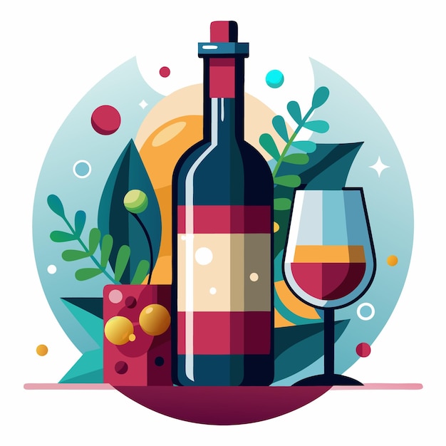 Una botella de vino un vaso y una planta en olla con un diseño abstracto