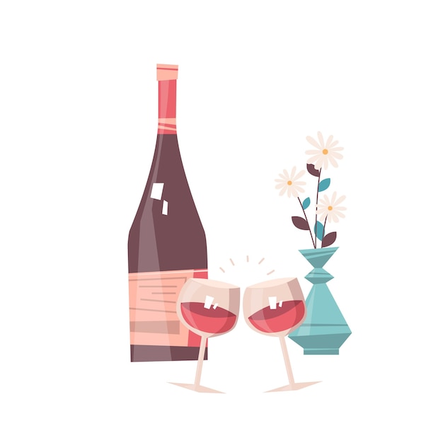 Botella de vino y vasos con flores concepto de celebración del día de san valentín tarjeta de felicitación banner invitación cartel ilustración