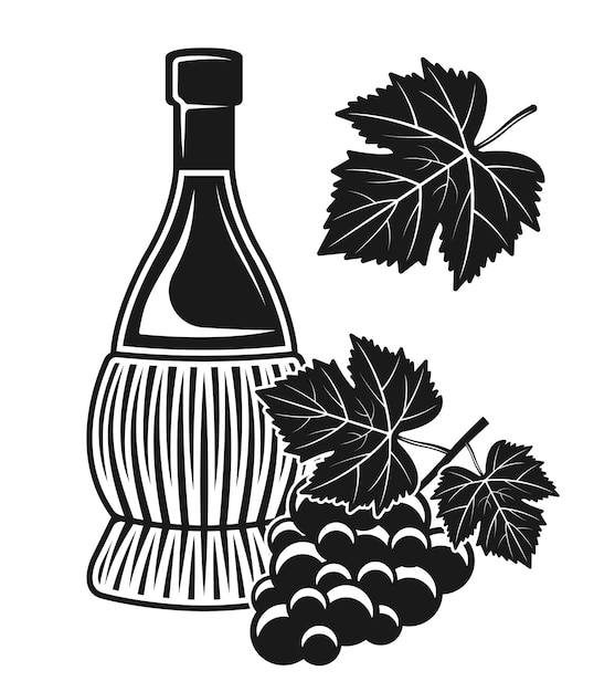 Botella de vino y vector de uva objetos aislados o elementos de diseño en estilo blanco y negro