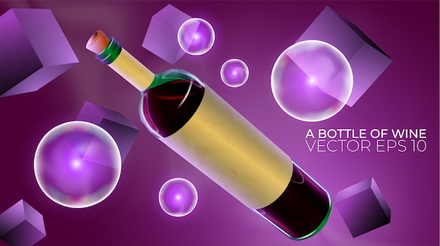 Botella de vino de vidrio 3d con reflejos y fondo destacado con formas geométricas y ligeras