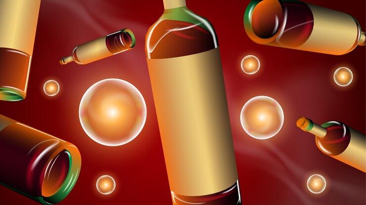 Vector botella de vino de vidrio 3d con reflejos y fondo destacado con formas geométricas y ligeras