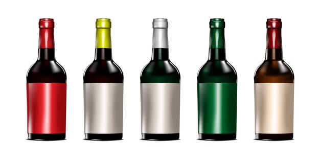 Botella de vino de vidrio de color oscuro con etiqueta en blanco aislada sobre un fondo blanco plantilla para el diseño