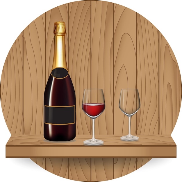 Botella de vino y vidrio en estante de madera Ilustración vectorial