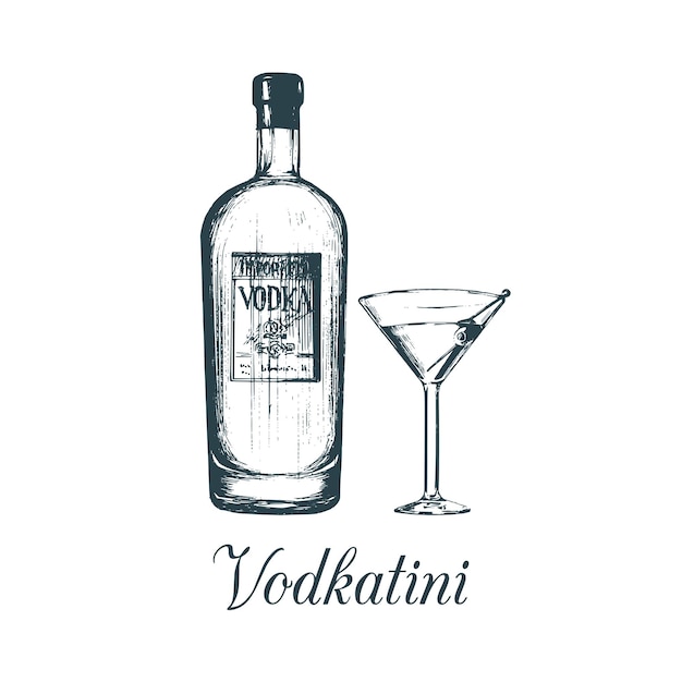 Botella de vodka esbozada a mano y vaso de vodkatini dibujo de juego de bebidas alcohólicas ilustración vectorial de cóctel tradicional para el menú del restaurante cafetería bar