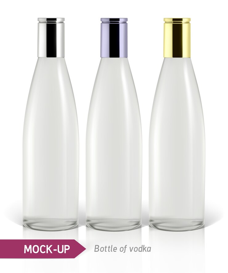 Vector botella de vodka realista u otra botella de ginebra. sobre un fondo blanco con sombra y reflejo.
