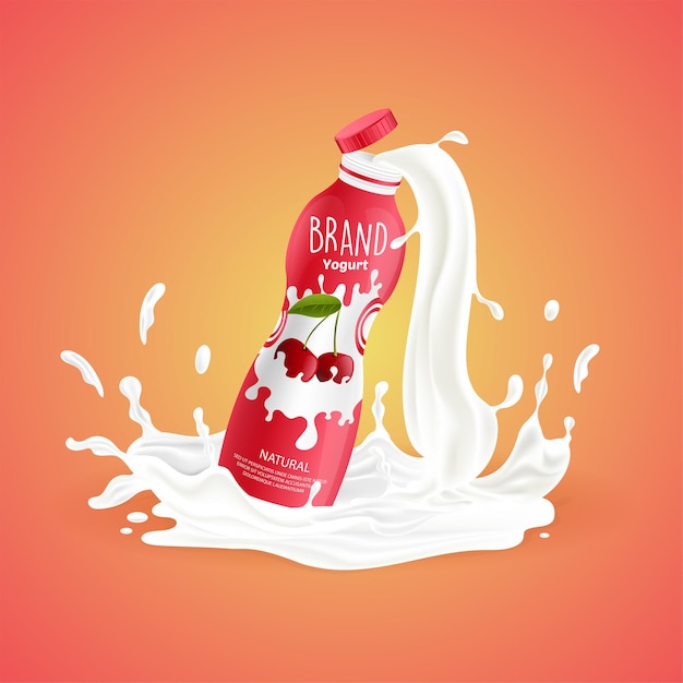 Botella de yogur de cereza con chorrito de leche ilustración de dibujos animados de vector