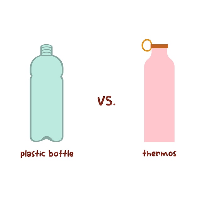 Vector botellas de agua de acero inoxidable vs plástico diferentes recipientes de bebidas cero concepto de desperdicio plano