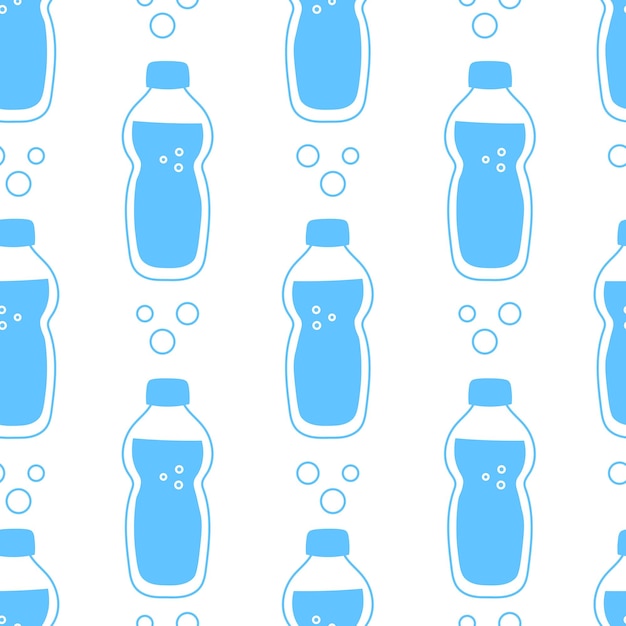 Botellas de agua y burbujas patrón sin costuras recipiente de agua azul en estilo doodle fondo de bebida fría