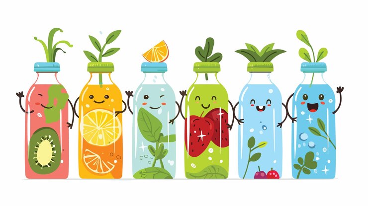 Vector botellas de agua felices que animan a beber más agua al estilo de las caricaturas