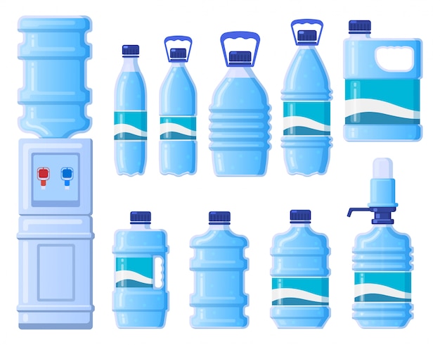 Vector botellas de agua de plástico. enfriador de botellas de agua, bebidas plásticas embotelladas. conjunto de iconos de ilustración de envases de botella. dispensador de agua, equipo de oficina portátil