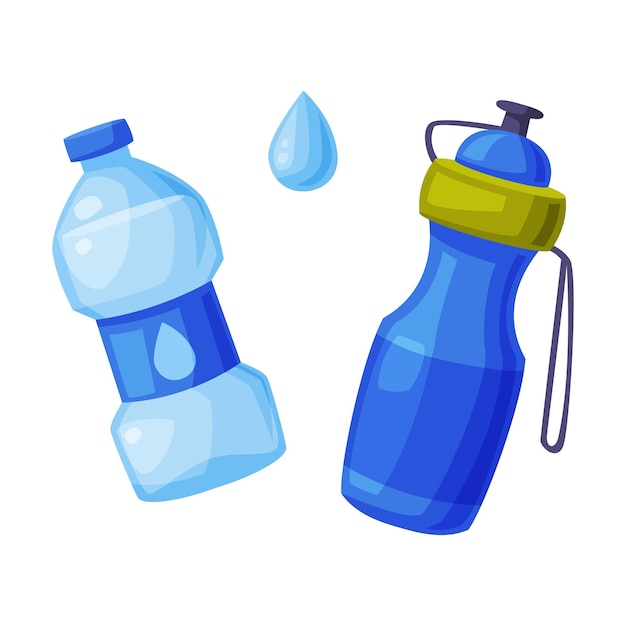 Vector botellas de agua set deportivo y plástico reciclado botella de agua azul ilustración vectorial de estilo dibujos animados