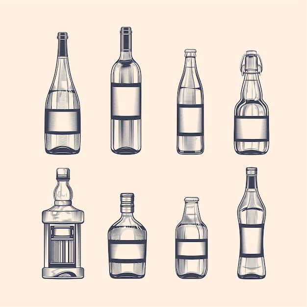 Vector botellas de alcohol en estilo grabado