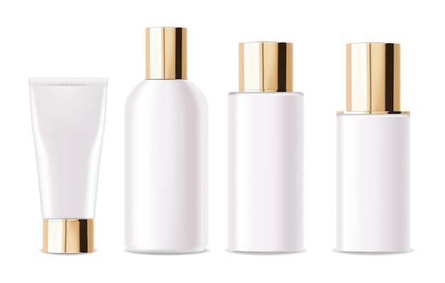 Botellas blancas cosméticas. Embalaje de oro realista para suero, crema, champú, tónico, acondicionador
