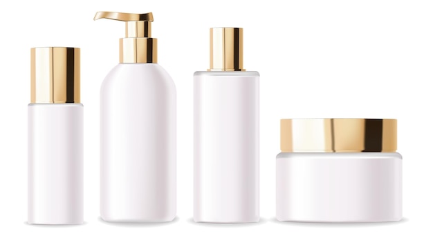 Vector botellas blancas cosméticas. embalaje de oro realista para suero, crema, champú, tónico, acondicionador
