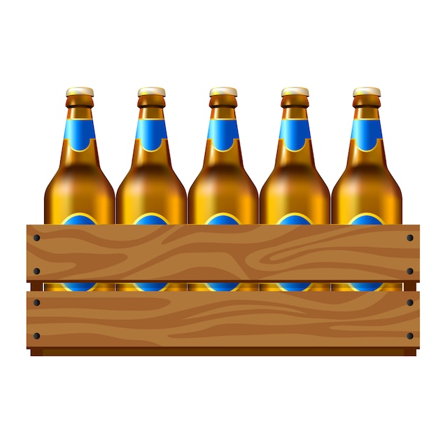 Vector botellas de cerveza en la caja de madera.