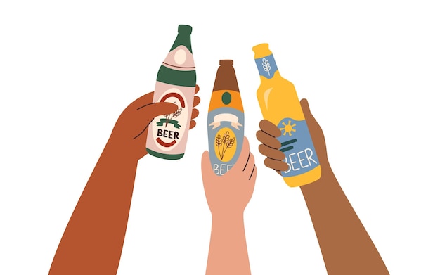 Botellas de cerveza en manos humanas diferentes tonos de piel aislados en fondo blanco concepto de Oktoberfest