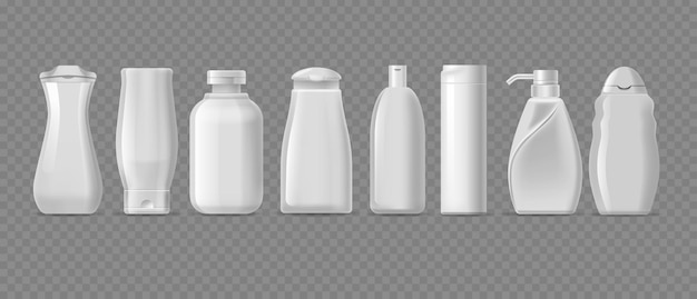 Botellas de champú vacías de diferentes formas y tamaños botellas blancas vectoriales 3D realistas