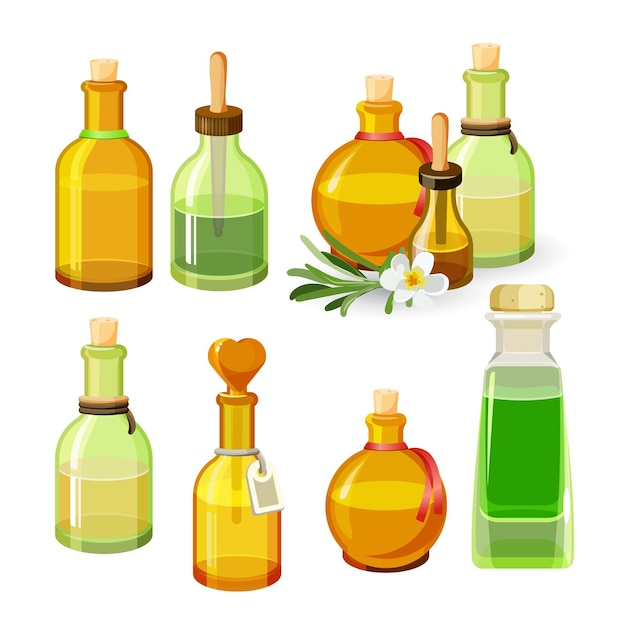 Vector botellas de colores con aceites aromáticos aislados sobre fondo blanco. ilustración de frascos de vidrio de formas redondas y alargadas con tapones, pipetas largas y etiquetas, flor con hojas