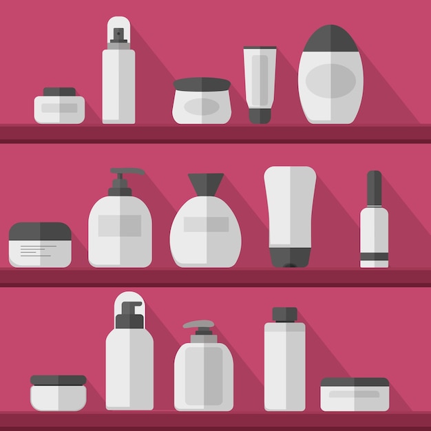 Botellas cosméticas conjunto de plantillas en estantería Tubos y viales cosméticos Crema, champú, gel, spray y jabón