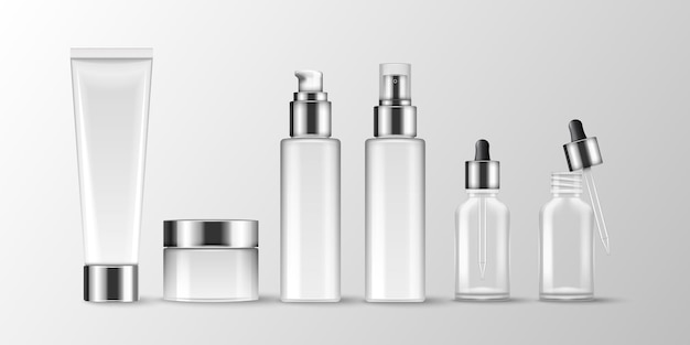 Botellas cosméticas Crema hidratante Maqueta de envasado de producto 3D Loción para el cuidado de la piel frasco o tubo recipiente de vidrio frasco y tubo vacío gotero de suero Vector paquetes blancos realistas