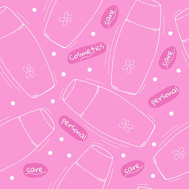 Botellas cosméticas, letras y lunares blancos en un patrón transparente de vector de fondo rosa